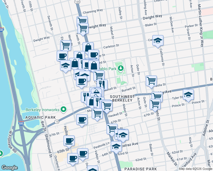 map of restaurants, bars, coffee shops, grocery stores, and more near 1207 Russell Street in Berkeley