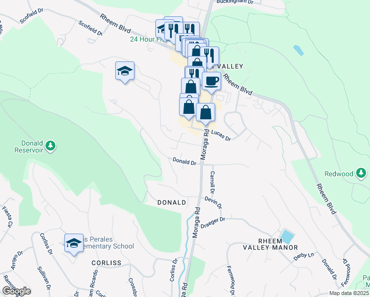 map of restaurants, bars, coffee shops, grocery stores, and more near 2130 Ascot Drive in Moraga