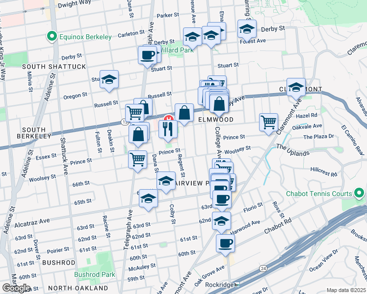 map of restaurants, bars, coffee shops, grocery stores, and more near 2506 Prince Street in Berkeley