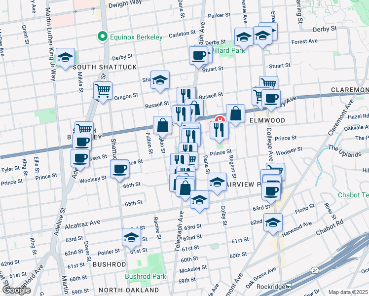 map of restaurants, bars, coffee shops, grocery stores, and more near 3085 Telegraph Avenue in Berkeley