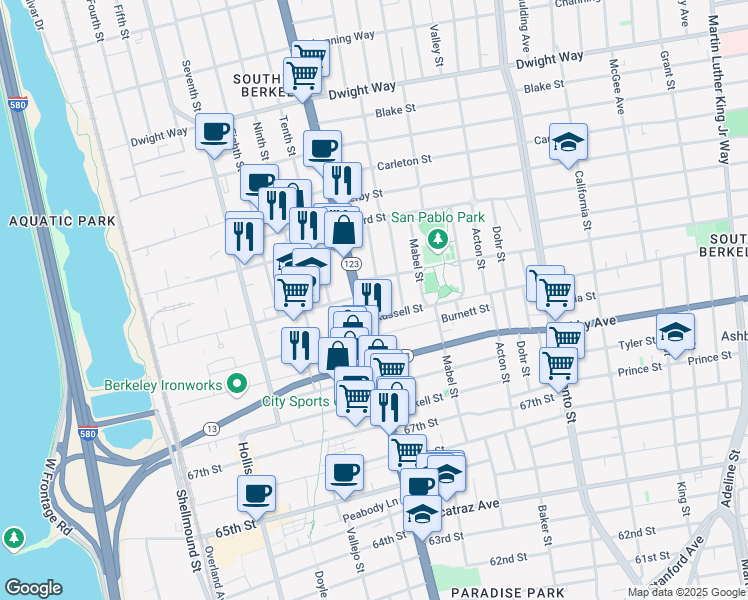 map of restaurants, bars, coffee shops, grocery stores, and more near 1207 Russell Street in Berkeley
