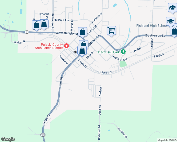 map of restaurants, bars, coffee shops, grocery stores, and more near 305 East Main Street in Richland