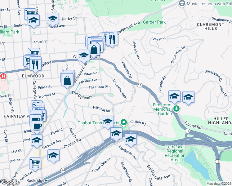 map of restaurants, bars, coffee shops, grocery stores, and more near 139 Parkside Drive in Berkeley