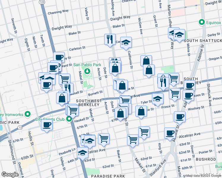 map of restaurants, bars, coffee shops, grocery stores, and more near 2914 Stanton Street in Berkeley