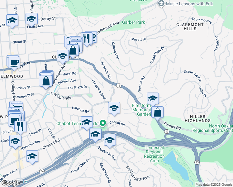map of restaurants, bars, coffee shops, grocery stores, and more near 252 The Uplands in Berkeley