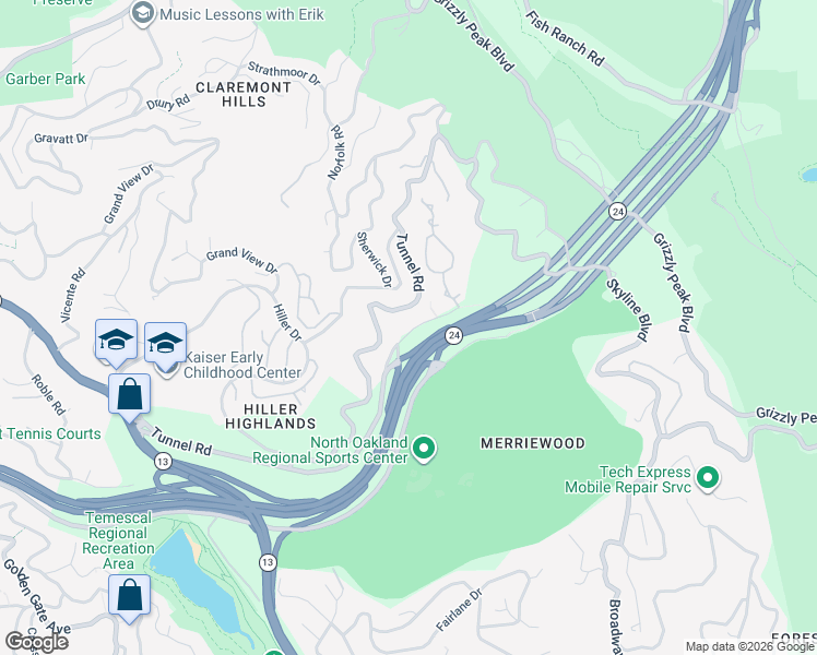 map of restaurants, bars, coffee shops, grocery stores, and more near 150 Caldecott Lane in Oakland