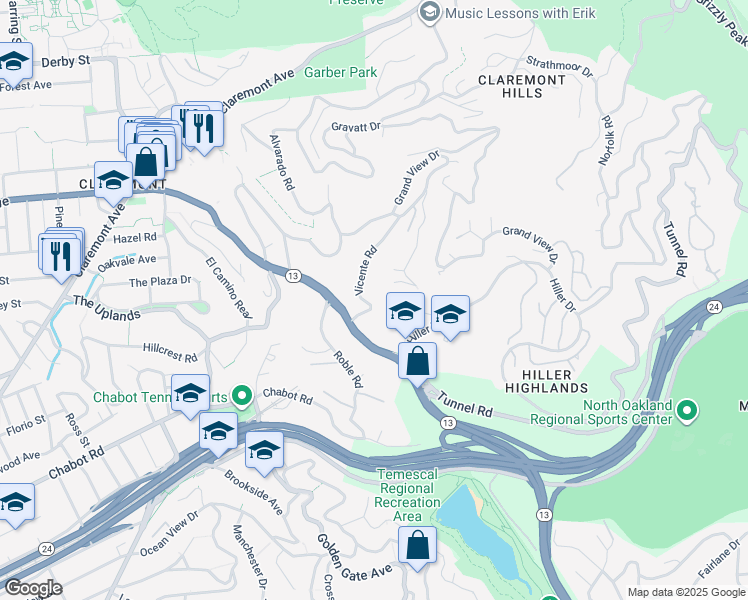 map of restaurants, bars, coffee shops, grocery stores, and more near 32 Vicente Road in Berkeley
