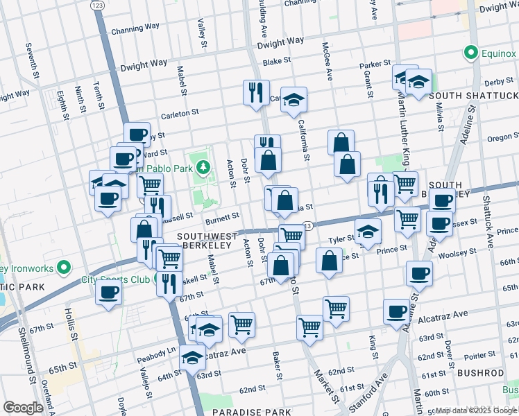 map of restaurants, bars, coffee shops, grocery stores, and more near 2914 Stanton Street in Berkeley
