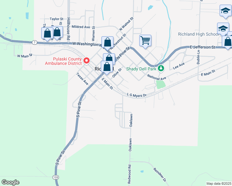 map of restaurants, bars, coffee shops, grocery stores, and more near 305 East Main Street in Richland