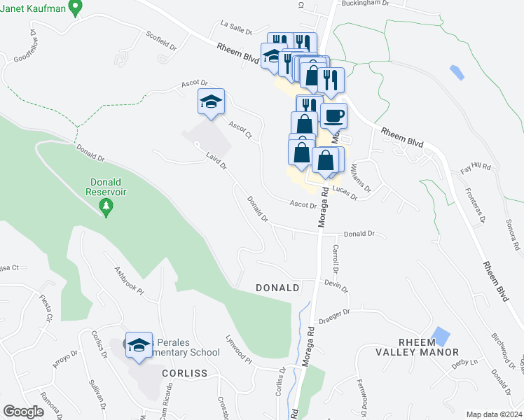 map of restaurants, bars, coffee shops, grocery stores, and more near 2065 Donald Drive in Moraga