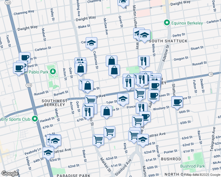 map of restaurants, bars, coffee shops, grocery stores, and more near 1627 Ashby Avenue in Berkeley
