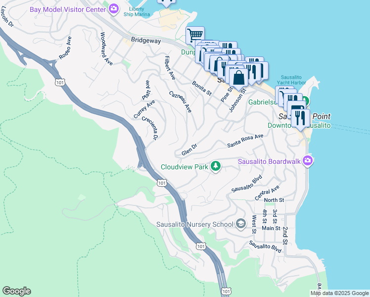 map of restaurants, bars, coffee shops, grocery stores, and more near 178 Glen Drive in Sausalito