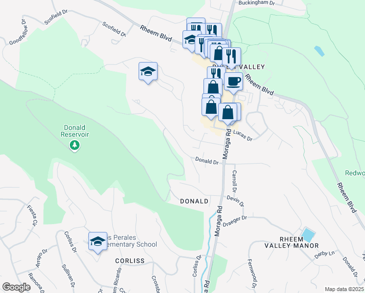 map of restaurants, bars, coffee shops, grocery stores, and more near 2063 Donald Drive in Moraga