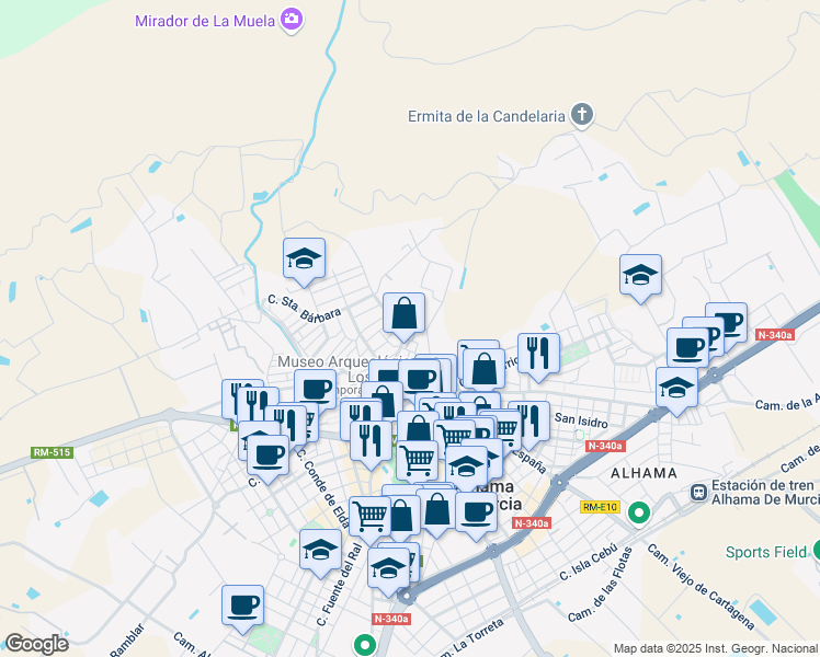 map of restaurants, bars, coffee shops, grocery stores, and more near 20 Rambla San Roque in Alhama de Murcia