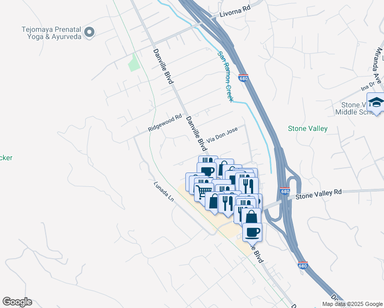 map of restaurants, bars, coffee shops, grocery stores, and more near 1536 Alamo Way in Alamo