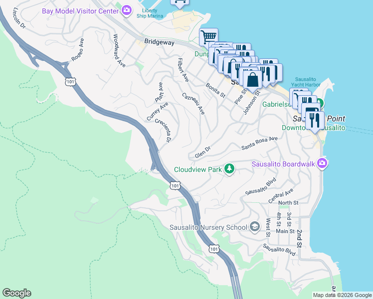 map of restaurants, bars, coffee shops, grocery stores, and more near 178 Glen Drive in Sausalito