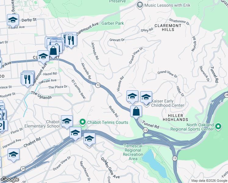 map of restaurants, bars, coffee shops, grocery stores, and more near 200 Tunnel Road in Berkeley