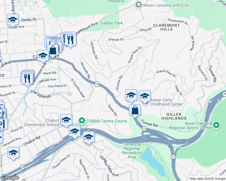 map of restaurants, bars, coffee shops, grocery stores, and more near 200 Tunnel Road in Berkeley