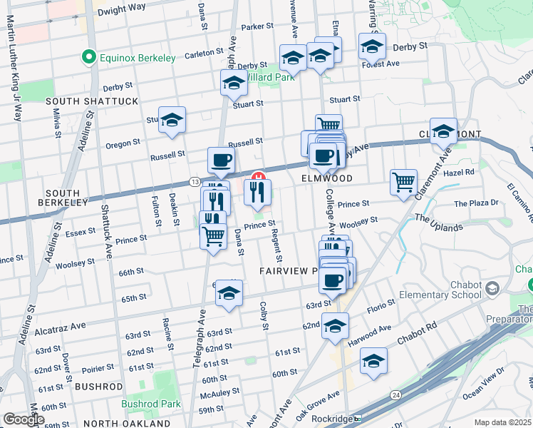 map of restaurants, bars, coffee shops, grocery stores, and more near 2506 Prince Street in Berkeley