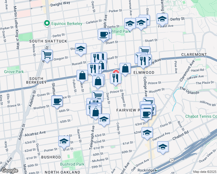 map of restaurants, bars, coffee shops, grocery stores, and more near 2421 Prince Street in Berkeley