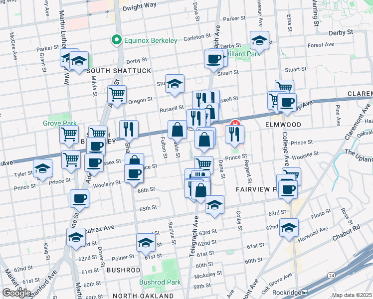 map of restaurants, bars, coffee shops, grocery stores, and more near 3045 Deakin Street in Berkeley