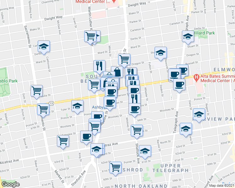 map of restaurants, bars, coffee shops, grocery stores, and more near 3027 Tremont Street in Berkeley