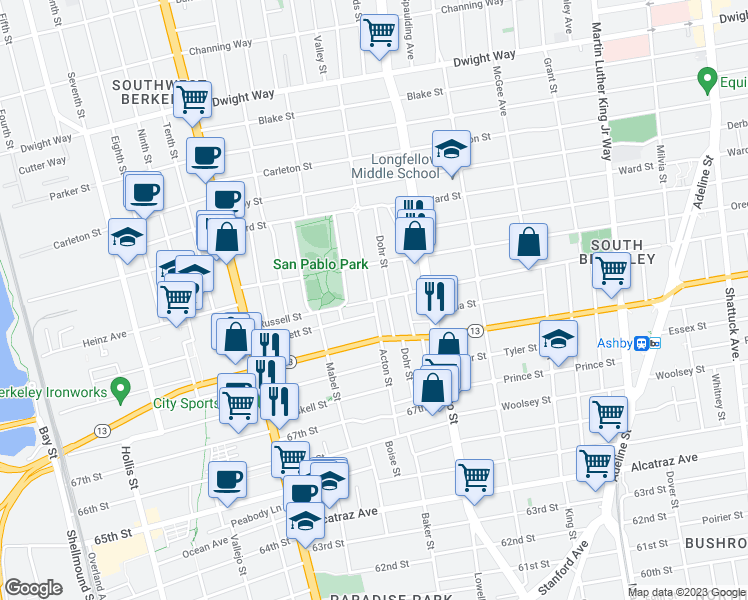 map of restaurants, bars, coffee shops, grocery stores, and more near Russell Street in Berkeley