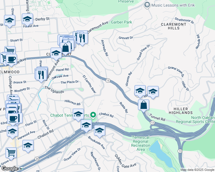 map of restaurants, bars, coffee shops, grocery stores, and more near 256 The Uplands in Berkeley