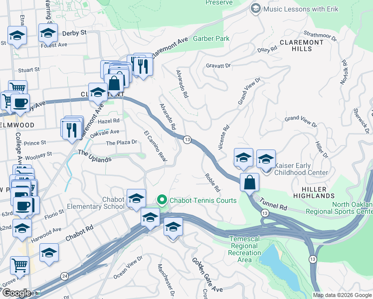 map of restaurants, bars, coffee shops, grocery stores, and more near 256 The Uplands in Berkeley