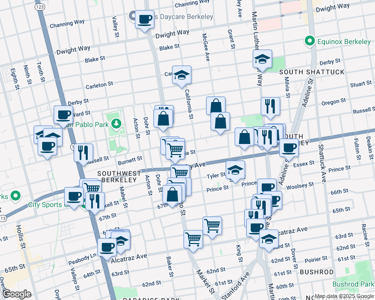 map of restaurants, bars, coffee shops, grocery stores, and more near 1516 Julia Street in Berkeley