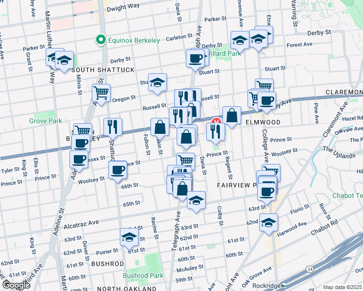 map of restaurants, bars, coffee shops, grocery stores, and more near 3040 Telegraph Avenue in Berkeley