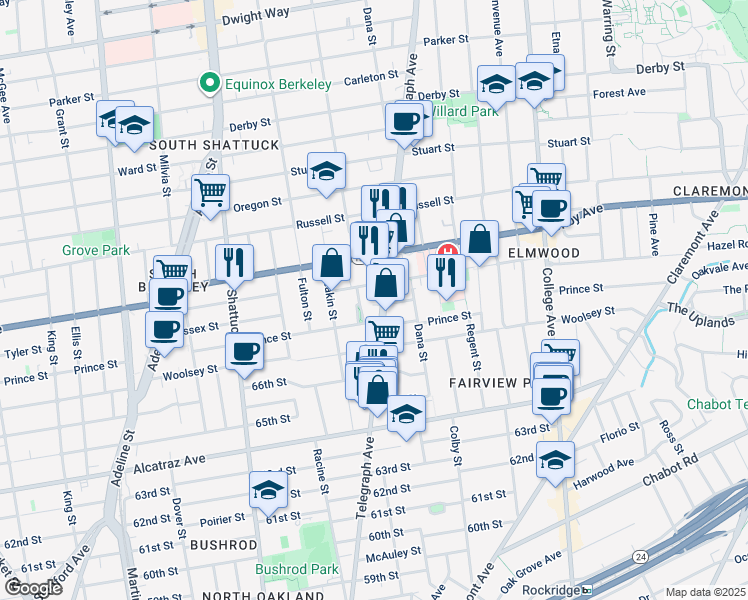 map of restaurants, bars, coffee shops, grocery stores, and more near 3040 Telegraph Avenue in Berkeley