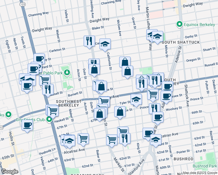 map of restaurants, bars, coffee shops, grocery stores, and more near 1516 Julia Street in Berkeley