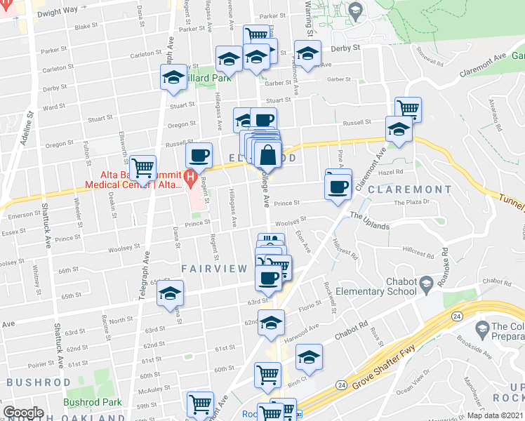 map of restaurants, bars, coffee shops, grocery stores, and more near 2637 Woolsey Street in Berkeley