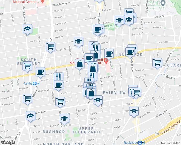 map of restaurants, bars, coffee shops, grocery stores, and more near 3085 Telegraph Avenue in Berkeley