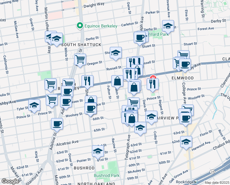 map of restaurants, bars, coffee shops, grocery stores, and more near 3045 Deakin Street in Berkeley