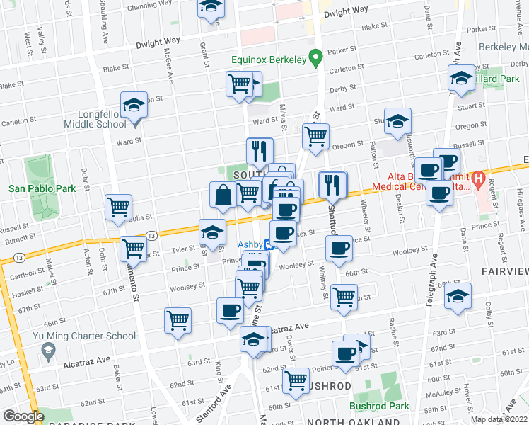 map of restaurants, bars, coffee shops, grocery stores, and more near 3004 Martin Luther King Junior Way in Berkeley