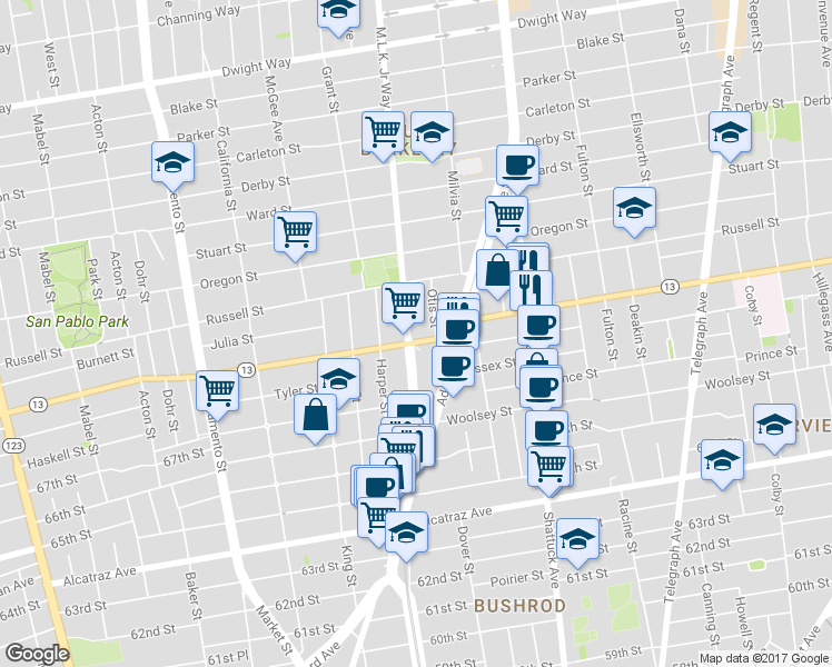 map of restaurants, bars, coffee shops, grocery stores, and more near 3004 Martin Luther King Junior Way in Berkeley