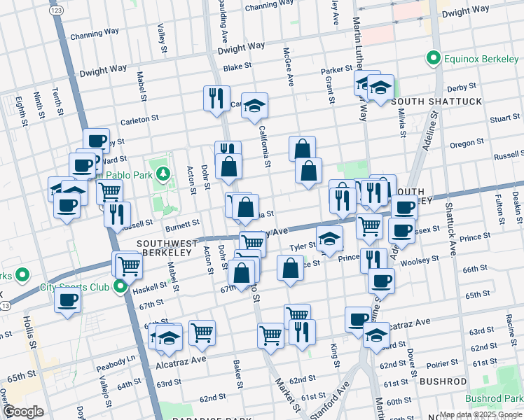 map of restaurants, bars, coffee shops, grocery stores, and more near 1516 Julia Street in Berkeley