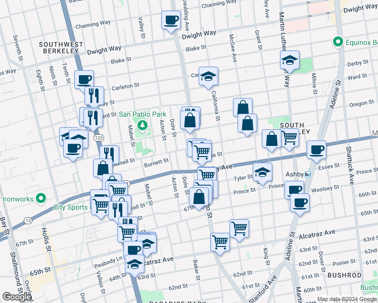 map of restaurants, bars, coffee shops, grocery stores, and more near 2931 Stanton Street in Berkeley