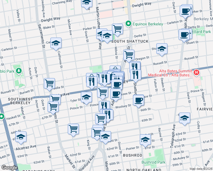 map of restaurants, bars, coffee shops, grocery stores, and more near 3004 Martin Luther King Junior Way in Berkeley