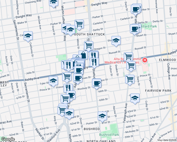 map of restaurants, bars, coffee shops, grocery stores, and more near 2057 Emerson Street in Berkeley