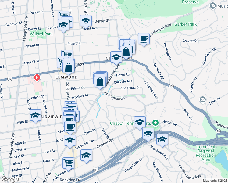 map of restaurants, bars, coffee shops, grocery stores, and more near 26 The Uplands in Berkeley