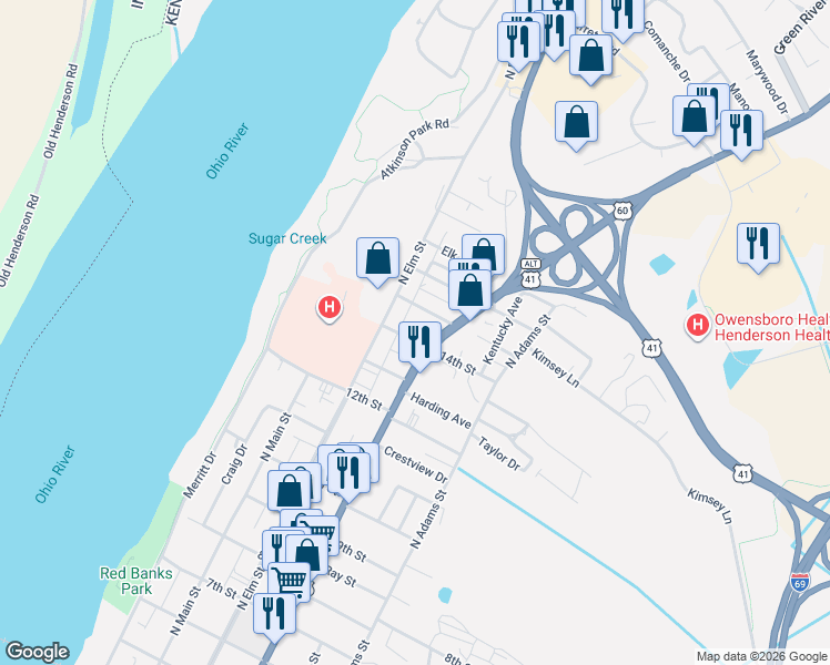 map of restaurants, bars, coffee shops, grocery stores, and more near 1301-1399 North Green Street in Henderson