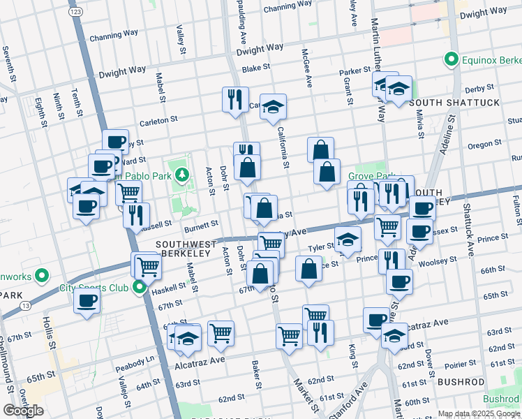 map of restaurants, bars, coffee shops, grocery stores, and more near 2903 Sacramento Street in Berkeley