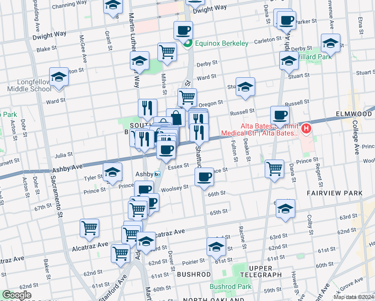 map of restaurants, bars, coffee shops, grocery stores, and more near 2057 Emerson Street in Berkeley