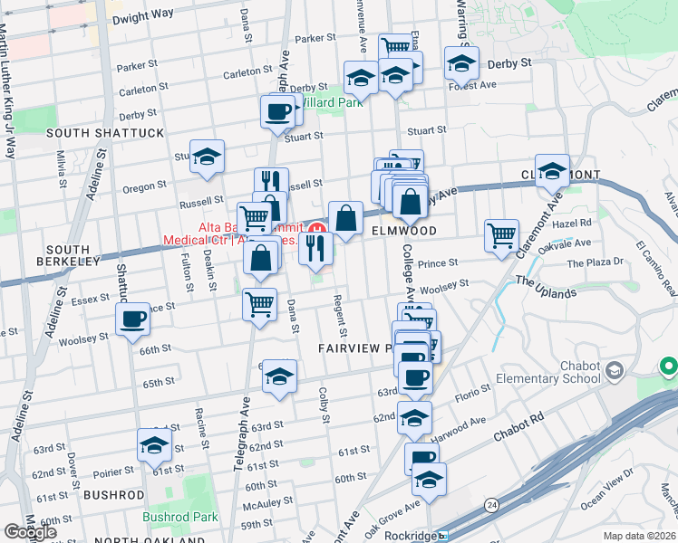 map of restaurants, bars, coffee shops, grocery stores, and more near 2506 Prince Street in Berkeley
