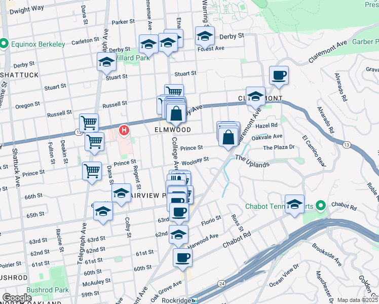 map of restaurants, bars, coffee shops, grocery stores, and more near 2722 Prince Street in Berkeley
