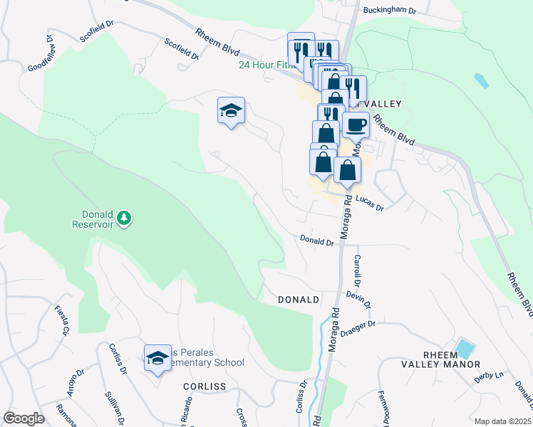 map of restaurants, bars, coffee shops, grocery stores, and more near 2050 Donald Drive in Moraga
