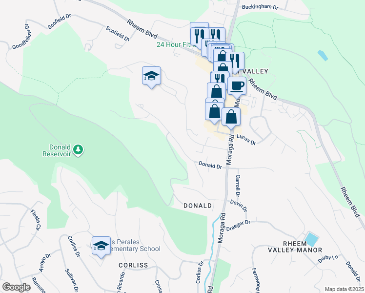 map of restaurants, bars, coffee shops, grocery stores, and more near 2087 Donald Drive in Moraga